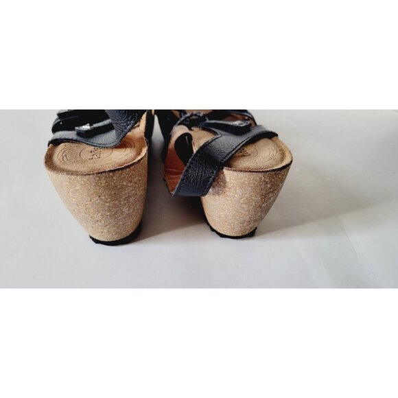 Taos Trulie Black EU 38 US 7.5 Leather Sandals Woven Strappy Wedge 2.5" - Picture 5 of 11